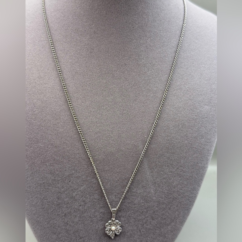 Sterling Silver Italy Marcasite Flower Necklace 18” Vintage Pearl